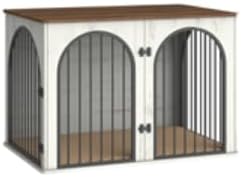 44.1" Wooden Dog Crate Furniture, Indoor Dog Kennel Dogs Cage for Small/Medium/Large Dogs, Heavy Duty Dog Crates Decorative Pet House End Side Table TV Stand, White Brown DFC83914B
