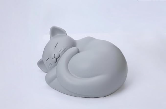 Pet Cat Urns for Ashes, Sleeping Resin Cremation Animal Urn and Sealed Bag, Decorative Memorial, Fur Keepsake, Ashes Necklace, Keychain, Inkless Paw Print Kit, Picture Frames, Sympathy Cards(Gray)