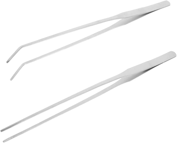 POPETPOP 2pcs Stainless Steel Aquarium Tweezers Straight Curved Tongs for Water Plants Fish Tank Maintenance and Feeding Ergonomic Design Easy to Use