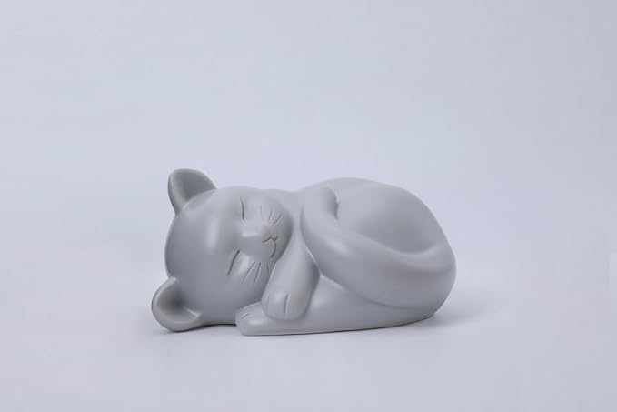 Pet Cat Urns for Ashes, Sleeping Resin Cremation Animal Urn and Sealed Bag, Decorative Memorial, Fur Keepsake, Ashes Necklace, Keychain, Inkless Paw Print Kit, Picture Frames, Sympathy Cards(Gray)