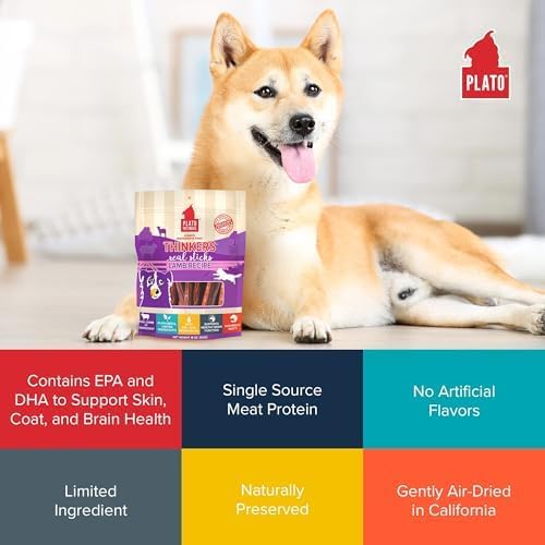 PLATO Pet Treats Thinkers - Meat Stick Treats for Dogs - Limited Ingredient Dog Treats with EPA and DHA to Support Skin, Coat, and Brain - Air-Dried Dog Treats - Thinkers Lamb 18oz - 2 Pack