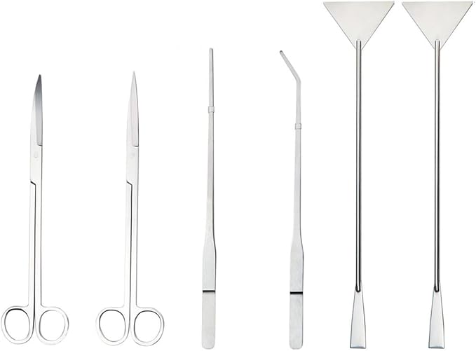 Sosoport 6pcs Stainless Steel Aquarium Tools for Plant Maintenance Includes Flat Shovel Straight Curved Tweezers Mirror Finish Scissors for Freshwater Tanks