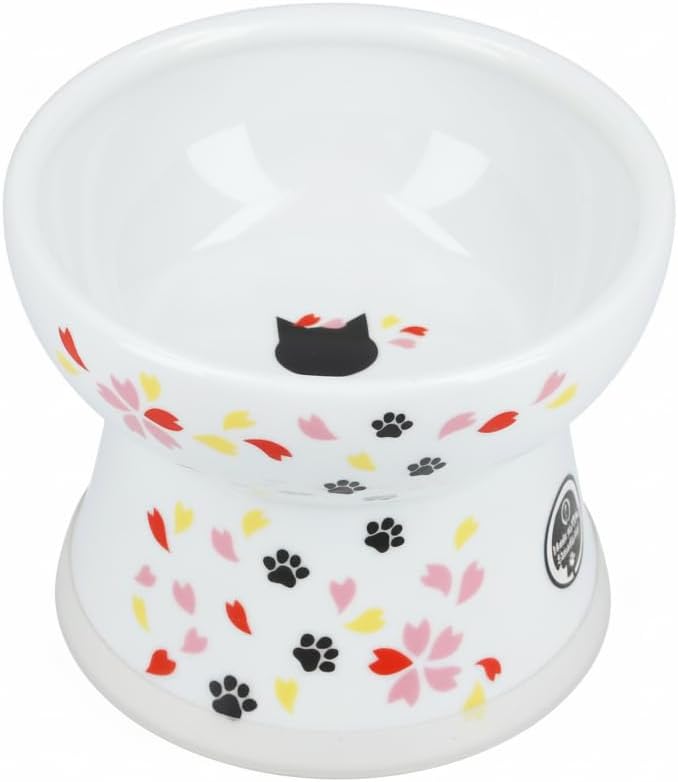 Necoichi Raised Cat Food Bowl – Ceramic Elevated Cat Bowl for Whisker & Neck Fatigue, Dishwasher Microwave Safe – Non-Slip & Anti Vomiting Ergonomic Design (Sakura Floral, Large, 2-Cup Capacity)
