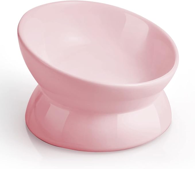 LoeJan Elevated Cat Food Bowl, 5 Oz Ceramic Raised and Tilted Water Bowl, Anti Vomiting and Protect Pets' Spines Dishes for Small Dog, Fat Faced Cat, Kitten (Pink, 1 Pack)