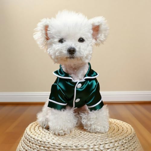 Cat Puppy Costume Elegant Satin Pajamas with Bow Headband 2PCs Set Pet Sleepwear Cute Pet Outfit Cosplay Partywear Photoshoots (Green Set,X-Large)