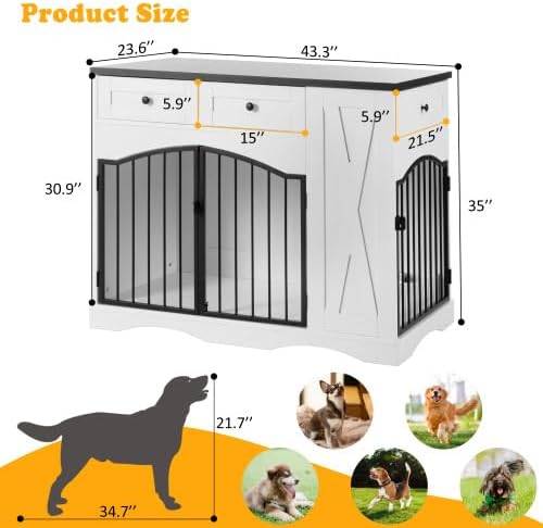 Farmhouse Style Dog Crate Furniture with 3 Drawers - Heavy Duty Indoor Wooden Dog Kennel, End Table for Medium Large Dogs, Removable Feeder, 43.3 Inch Large Dog Cage with Double Door Design
