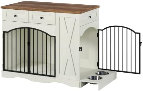 43.3 Inch Farmhouse Style Dog Crate Furniture with 3 Drawers - Heavy Duty Indoor Wooden Dog Kennel, End Table for Medium Large Dogs, Removable Feeder, Double Door Design