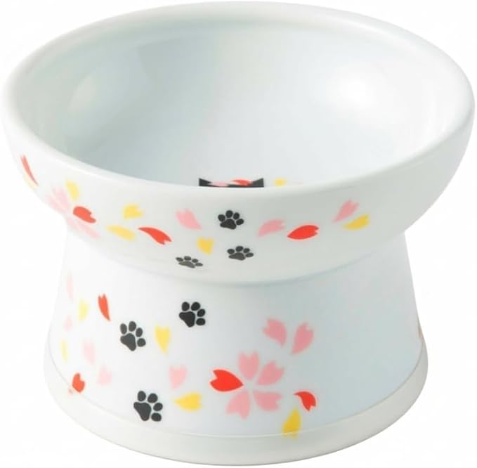 Necoichi Raised Cat Food Bowl – Ceramic Elevated Cat Bowl for Whisker & Neck Fatigue, Dishwasher Microwave Safe – Non-Slip & Anti Vomiting Ergonomic Design (Sakura Floral, Regular, 1-Cup Capacity)