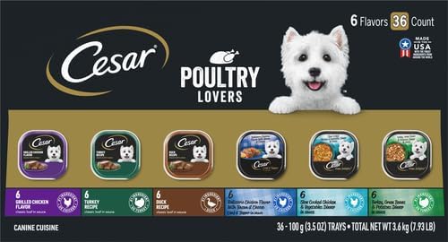 Cesar Classic Loaf in Sauce and Home Delights Adult Wet Dog Food Poultry Lovers Variety Pack with Real Chicken, Turkey or Duck, 3.5 oz. Easy Peel Trays, 36 Count (Pack of 1)