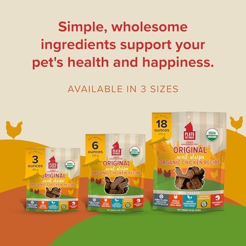 PLATO Pet Treats Real Strips - Air-Dried Meat Bars for Dogs - Delicious, Limited Ingredient Dog Treats - Grain Free Dog Treats - Original Real Strips Organic Chicken 18oz - 2 Pack