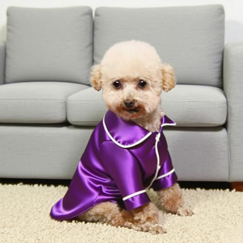 Cat Puppy Costume Elegant Satin Pajamas with Bow Headband 2PCs Set Pet Sleepwear Cute Pet Outfit Cosplay Partywear Photoshoots (Purple Set,Large)