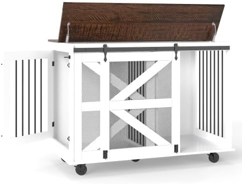 Mobile Dog Crate with Flip-Top Feeding Door, Dual-Access & 5 Caster System (2 Locking), Side Hooks - Multi-Functional Pet Kennel, 47.2" Double Dog Crate Furniture