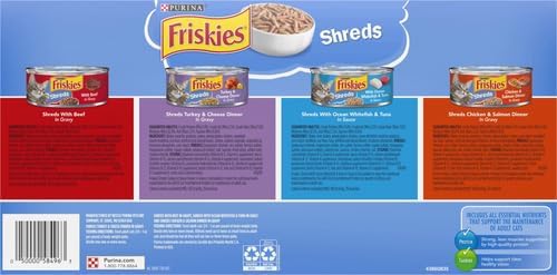 Friskies Purina Gravy Wet Cat Food Variety Pack,Savory Shreds with Beef,Turkey and Cheese Dinner,Chicken and Salmon Dinner,with Ocean Whitefish-and Tuna - 5.5 oz. Cans,(Pack of 64)