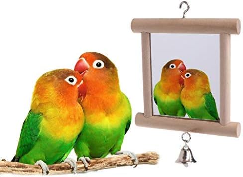Litewoo Bird Mirror Wooden Hanging Swing Interactive Play Toys for Small Parrot Budgies Macaw African Grey Parakeet Cockatiel Conure Lovebird Cage Accessories (Bird Mirror with Bell-ONE)