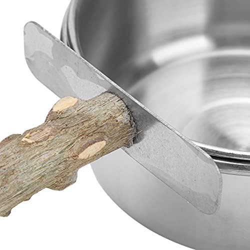 Wood Bird Perch with Bird Feeding Cups, Stainless Steel Parrot Food Water Bowls Dish Feeder for Cockatiel Conure Budgies Parakeet Feeding & Watering Supplies[L]
