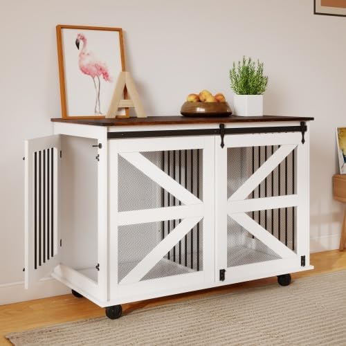 Mobile Dog Crate with Flip-Top Feeding Door, Dual-Access & 5 Caster System (2 Locking), Side Hooks - Multi-Functional Pet Kennel, 47.2" Double Dog Crate Furniture