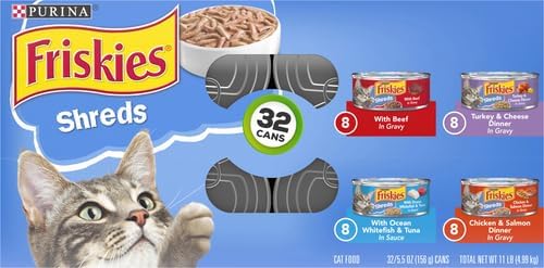 Friskies Purina Gravy Wet Cat Food Variety Pack,Savory Shreds with Beef,Turkey and Cheese Dinner,Chicken and Salmon Dinner,with Ocean Whitefish-and Tuna - 5.5 oz. Cans,(Pack of 64)