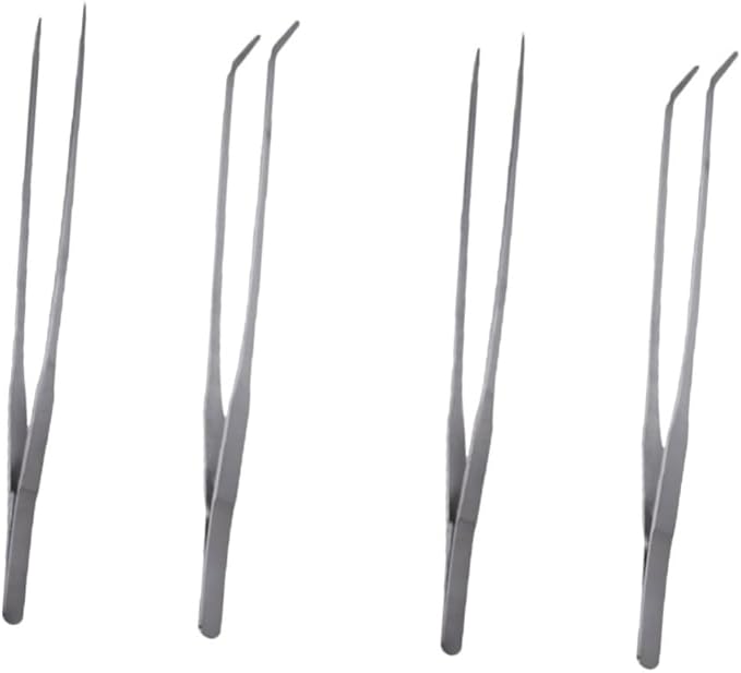 FRCOLOR 4pcs Stainless Steel Plant Tweezers Straight Curved Aquatic Tools for Fish Tank Maintenance Resistant for Precise Plant Positioning