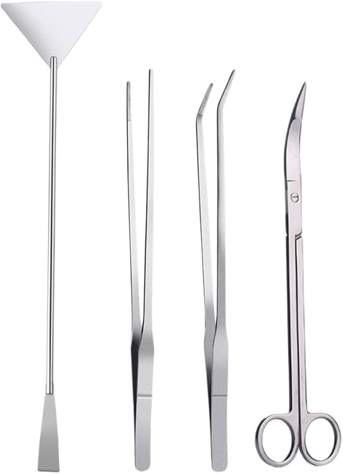 balacoo 4pcs Stainless Steel Aquatic Plant Tool Set Ergonomic Tweezers and Scissors for Aquarium Straight Curved Tweezers Curved Scissors Spatula for Planting and Caring for Water Plants