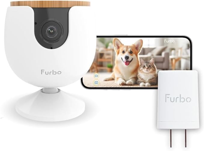 Furbo Mini Pet Camera + Power Adapter: Smart Cam w/Barking or Meowing Alerts, Cat or Dog Tracking w/Phone App, 2-Way Speaker. No Subscription Needed. Standard See, Talk & Toss Features