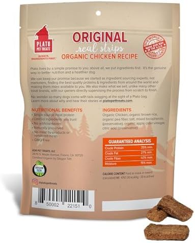 PLATO Pet Treats Real Strips - Air-Dried Meat Bars for Dogs - Delicious, Limited Ingredient Dog Treats - Grain Free Dog Treats - Original Real Strips Organic Chicken 18oz - 2 Pack