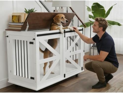 Mobile Dog Crate with Flip-Top Feeding Door, Dual-Access & 5 Caster System (2 Locking), Side Hooks - Multi-Functional Pet Kennel, 47.2" Double Dog Crate Furniture