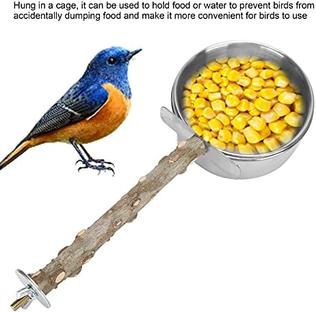 Wood Bird Perch with Bird Feeding Cups, Stainless Steel Parrot Food Water Bowls Dish Feeder for Cockatiel Conure Budgies Parakeet Feeding & Watering Supplies[L]