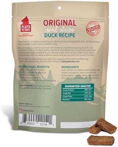 PLATO Pet Treats Real Strips - Air-Dried Meat Bars for Dogs - Delicious, Limited Ingredient Dog Treats - Grain Free Dog Treats - Original Real Strips Duck 18oz - 2 Pack