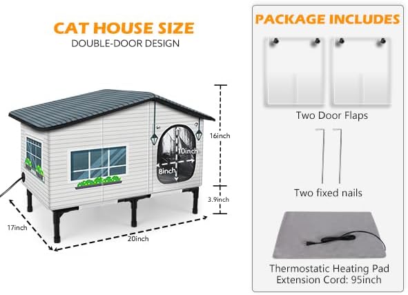 GASUR Weatherproof Heated Cat House for Outside Cats, Outdoor Cat House with Cats Heated Pad for Winter, Insulated Heating Cat Houses, Elevated Safe Feral Cat Houses Heat Cat Shelter (20"x17"x16")