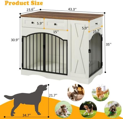43.3 Inch Farmhouse Style Dog Crate Furniture with 3 Drawers - Heavy Duty Indoor Wooden Dog Kennel, End Table for Medium Large Dogs, Removable Feeder, Double Door Design