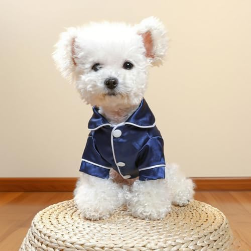 Cat Puppy Costume Elegant Satin Pajamas with Bow Headband 2PCs Set Pet Sleepwear Cute Pet Outfit Cosplay Partywear Photoshoots (Blue Set,Large)