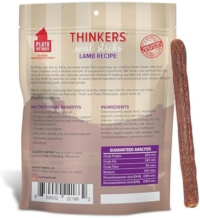 PLATO Pet Treats Thinkers - Meat Stick Treats for Dogs - Limited Ingredient Dog Treats with EPA and DHA to Support Skin, Coat, and Brain - Air-Dried Dog Treats - Thinkers Lamb 18oz - 2 Pack