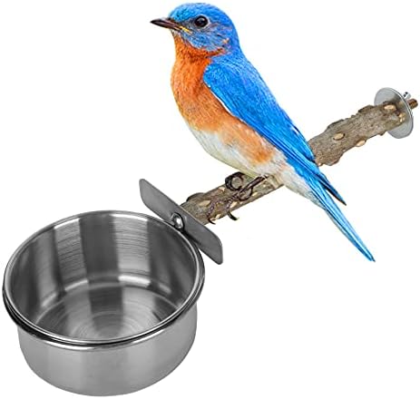 Wood Bird Perch with Bird Feeding Cups, Stainless Steel Parrot Food Water Bowls Dish Feeder for Cockatiel Conure Budgies Parakeet Feeding & Watering Supplies[L]