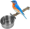 Wood Bird Perch with Bird Feeding Cups, Stainless Steel Parrot Food Water Bowls Dish Feeder for Cockatiel Conure Budgies Parakeet Feeding & Watering Supplies[L]