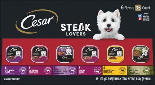 Cesar Adult Wet Dog Food Steak Lovers Variety Pack with Real Meat, 3.5 oz. Easy Peel Trays, 36 Count (Pack of 1)