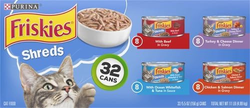 Friskies Purina Gravy Wet Cat Food Variety Pack,Savory Shreds with Beef,Turkey and Cheese Dinner,Chicken and Salmon Dinner,with Ocean Whitefish-and Tuna - 5.5 oz. Cans,(Pack of 64)