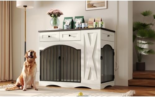 Farmhouse Style Dog Crate Furniture with 3 Drawers - Heavy Duty Indoor Wooden Dog Kennel, End Table for Medium Large Dogs, Removable Feeder, 43.3 Inch Large Dog Cage with Double Door Design