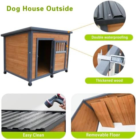 44.2" Large Dog House Outdoor Weatherproof Wooden Dog Kennel, Dog Houses for Large Dogs Outside with XL XLarge Dog House Doghouse, Grey+Yellow
