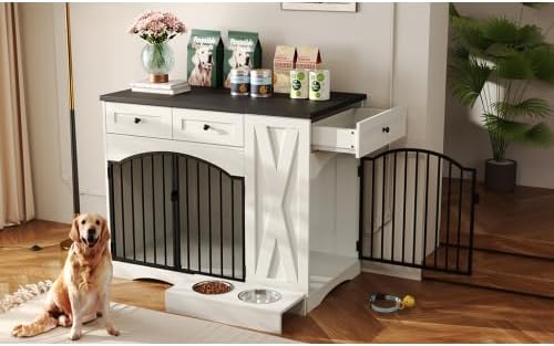 Farmhouse Style Dog Crate Furniture with 3 Drawers - Heavy Duty Indoor Wooden Dog Kennel, End Table for Medium Large Dogs, Removable Feeder, 43.3 Inch Large Dog Cage with Double Door Design