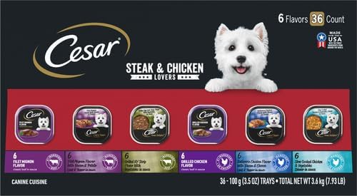 Cesar Wet Dog Food Steak and Chicken Lovers Variety Pack with Real Beef or Real Chicken, 3.5 oz. Easy Peel Trays, 36 Count (Pack of 1)