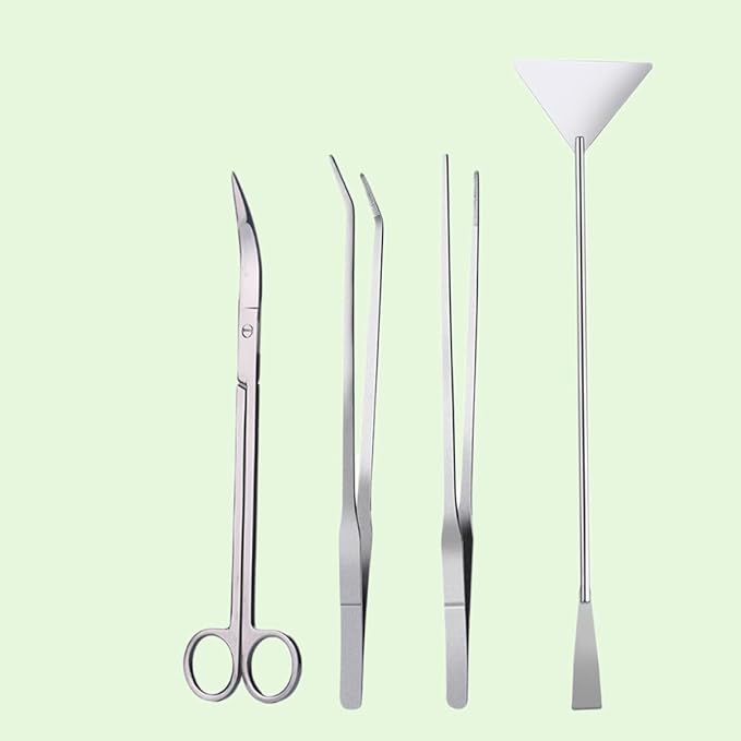 balacoo 4pcs Stainless Steel Aquatic Plant Tool Set Ergonomic Tweezers and Scissors for Aquarium Straight Curved Tweezers Curved Scissors Spatula for Planting and Caring for Water Plants