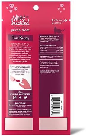 WholeHearted Cat Treats, Tuna Recipe Squeezable Purée, 4 Tubes, 0.5 oz Each