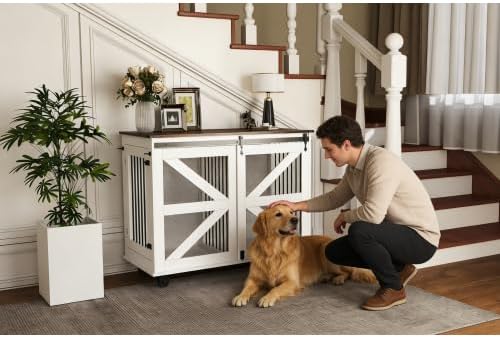 Mobile Dog Crate with Flip-Top Feeding Door, Dual-Access & 5 Caster System (2 Locking), Side Hooks - Multi-Functional Pet Kennel, 47.2" Double Dog Crate Furniture
