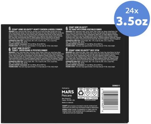 Cesar Home Delights Adult Wet Dog Food, Pot Roast with Spring Vegetables, Beef Stew, Turkey, Green Beans, & Potatoes, and Hearty Chicken & Noodle Dinner in Sauce Variety Pack, 3.5 oz. 24 Count