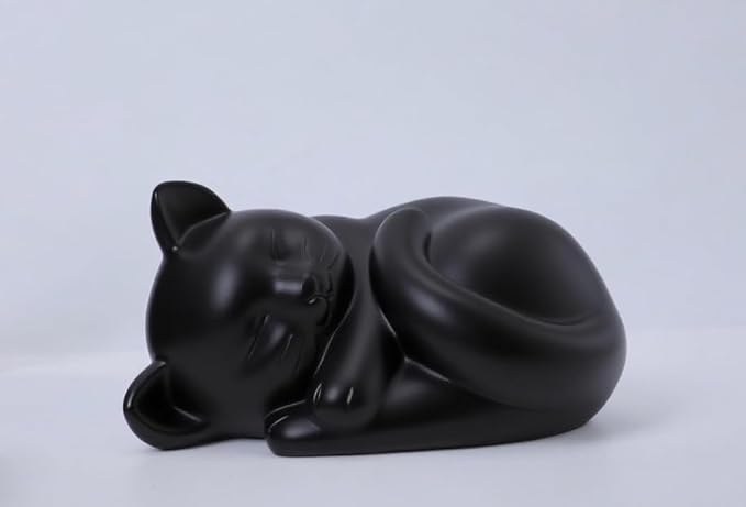 Pet Cat Urns for Ashes, Sleeping Resin Cremation Animal Urn and Sealed Bag, Decorative Memorial, Fur Keepsake, Ashes Necklace, Keychain, Inkless Paw Print Kit, Picture Frames, Sympathy Cards(Black)