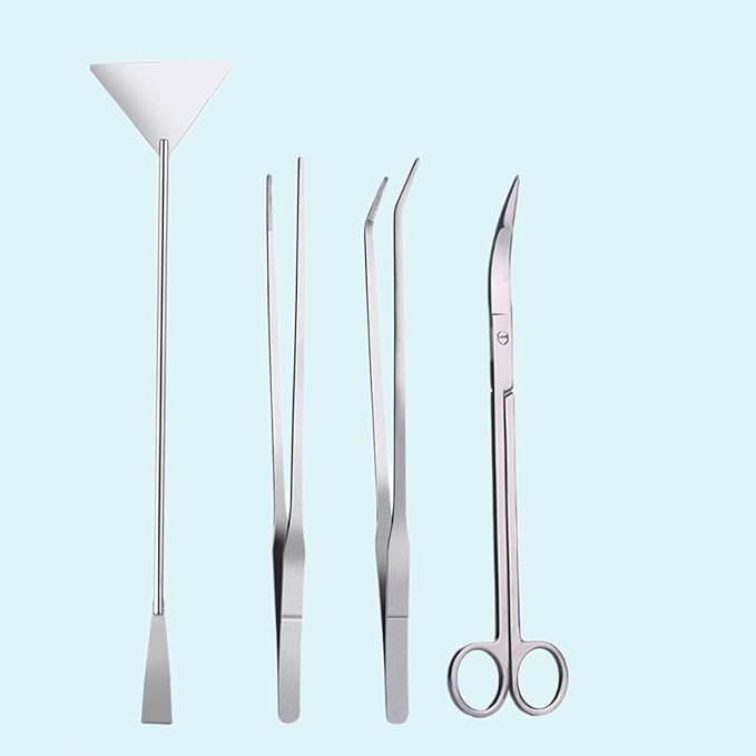 balacoo 4pcs Stainless Steel Aquatic Plant Tool Set Ergonomic Tweezers and Scissors for Aquarium Straight Curved Tweezers Curved Scissors Spatula for Planting and Caring for Water Plants