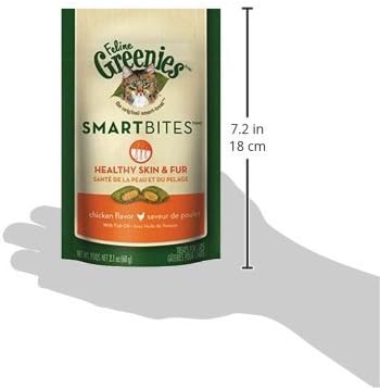 Greenies Cat Treats, Feline Smartbites, Skin & Fur Health, Crunchy and Soft Cat Treats, Chicken Flavor, 2.1 oz. Pack
