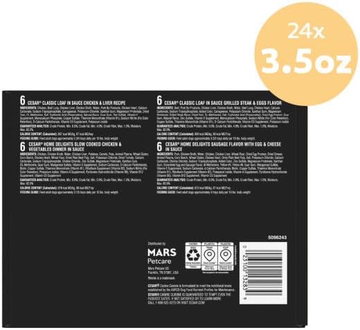 Cesar Wet Dog Food Home Delights & Classic Loaf in Sauce, Breakfast & Dinner Variety Pack, 3.5 oz. Trays, 24 Count (Pack of 1)