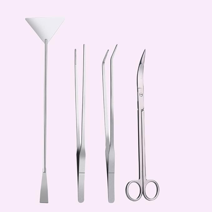 balacoo 4pcs Stainless Steel Aquatic Plant Tool Set Ergonomic Tweezers and Scissors for Aquarium Straight Curved Tweezers Curved Scissors Spatula for Planting and Caring for Water Plants