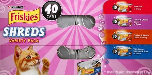 Friskies Purina Wet Cat Food Variety, Shreds with Beef, Turkey & Cheese, Chicken & Salmon Dinner, and with Ocean Whitefish & Tuna, 5.5 oz. Cans (Pack of 80)